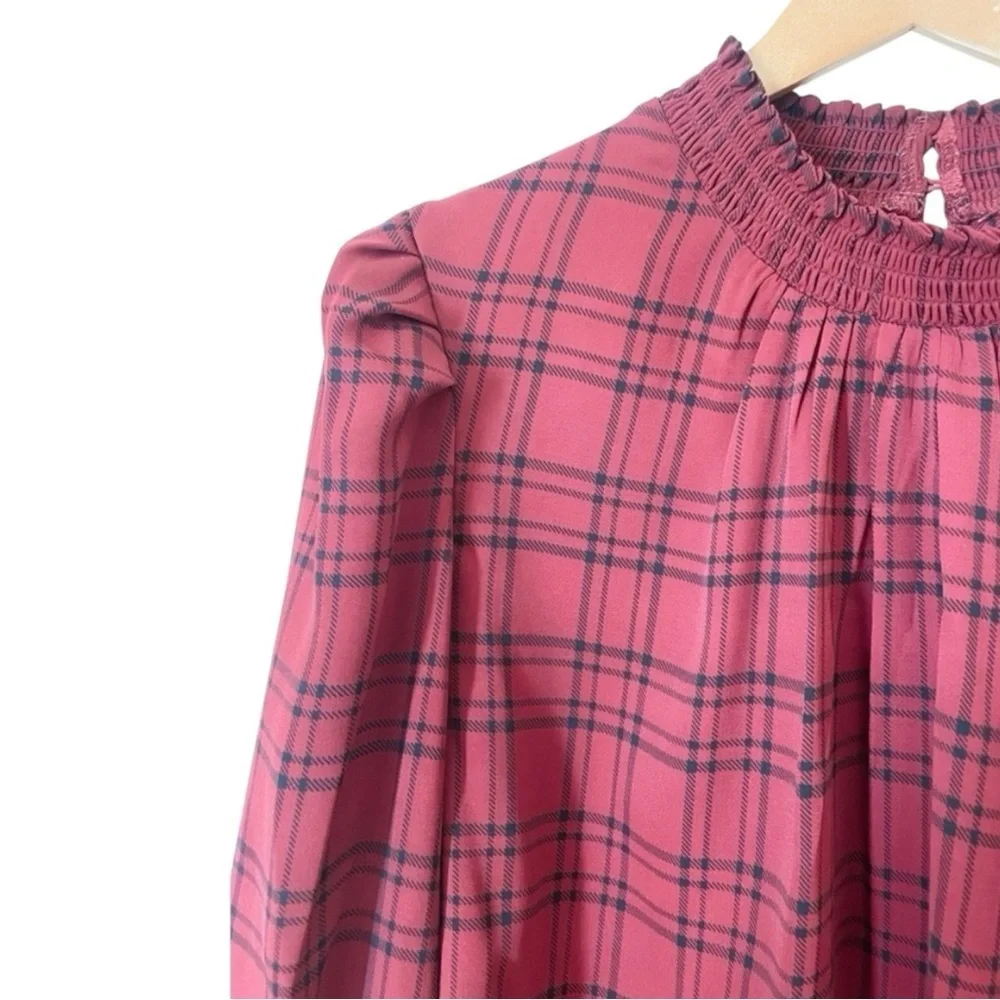 Melloday Red Black Plaid Smocked Neck Puff Sleeve Blouse Top 2X